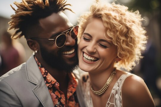 afro american groom and lovely blonde bride wearing elegant wedding clothes, posing together in spring nature. Valentine concept. Generative AI