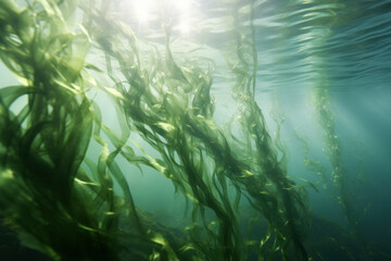 Fototapeta na wymiar Seaweed floating beneath the water.