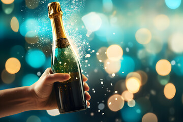 Hand with a bottle of champagne over turquoise bokeh background. Hand popping champagne, celebration sparkle. Festive champagne burst, bokeh lights. Champagne banner. Greeting card with sparkling wine