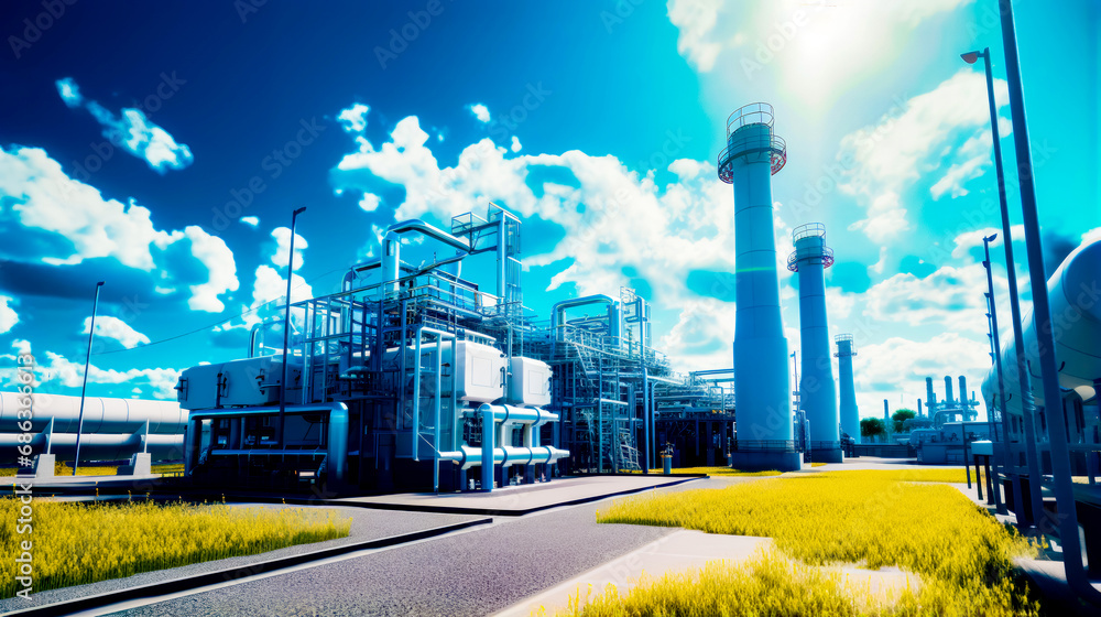 Poster large factory with lot of pipes and tanks in front of it.