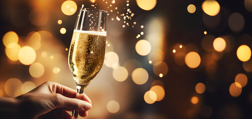 Hand with a glass of alcohol free champagne on warm bokeh background with copy space. Sparkling champagne in a flute glass. Elegant toast with champagne bubbles as a festive sparkling wine banner