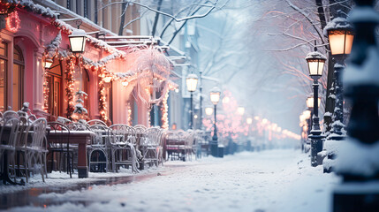 Snowy winter city street with Christmas tree decorations, garlands and lanterns in the evening. Generative AI technology.