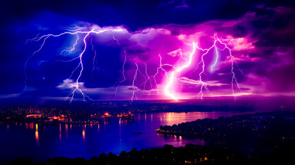 Lightning storm over city and body of water with boat in the foreground.