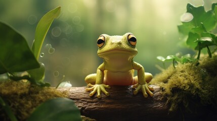  a close up of a green frog with a blurry background and a blurry image of a plant with a blur background