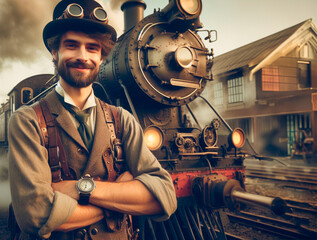 Hombre joven con vestimenta steampunk junto a locomotora en estación de ferrocaril - obrazy, fototapety, plakaty