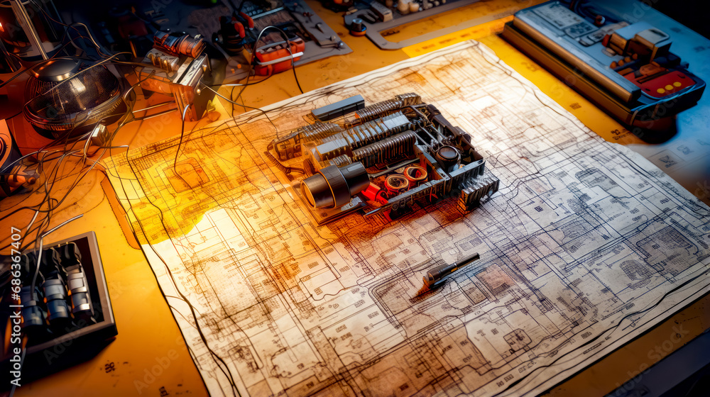 Poster drawing of car engine on table with pair of scissors.