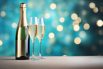 Celebratory champagne flutes and bottle with golden bokeh backdrop, perfect for toasting to life's special moments. Festive banner with free space as a template for Christmas, New Year, Birthday