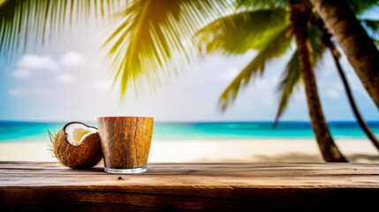 Cup of coffee sitting on top of wooden table next to the ocean.