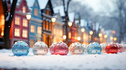 Snowy winter city street with Christmas tree decorations, garlands and lanterns in the evening....