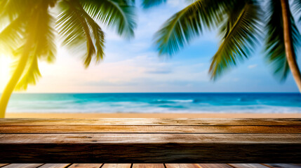 Wooden table top with view of the ocean and palm tree.