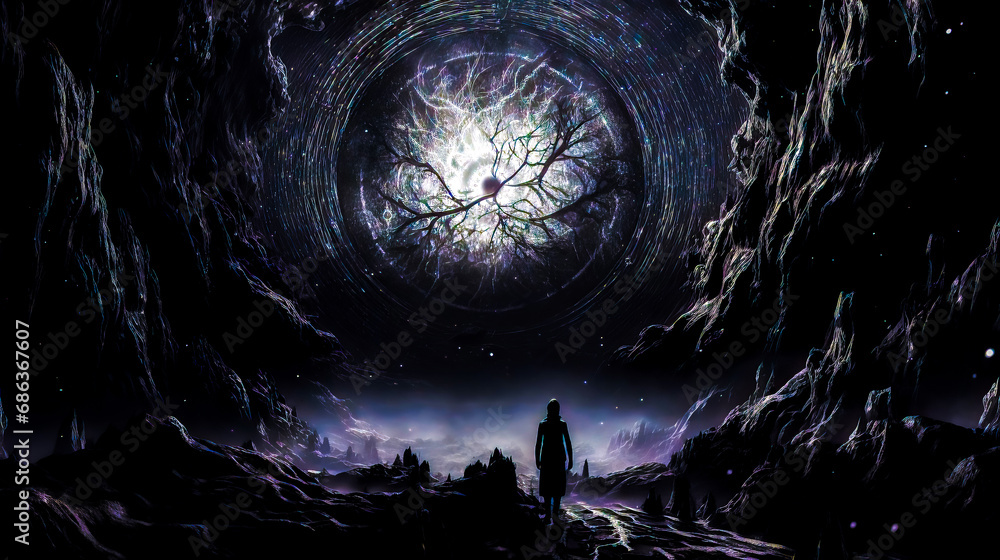 Poster man standing in front of black and white image of vortex.