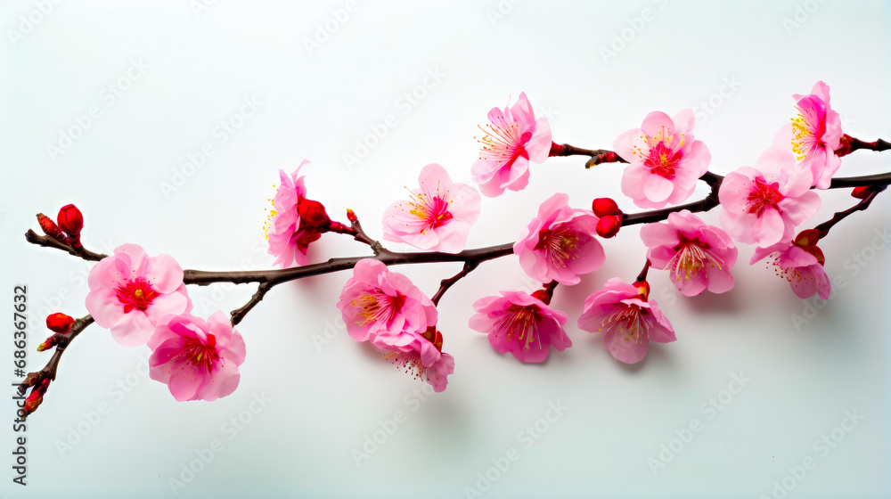 Poster branch with pink flowers on it on white background with space for text.
