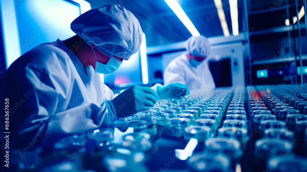 Poster two people in white lab coats and gloves are working on computer screen.