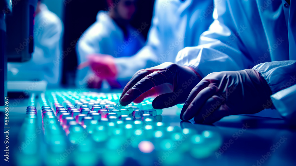 Aufkleber person in lab coat is typing on keyboard with glove on.