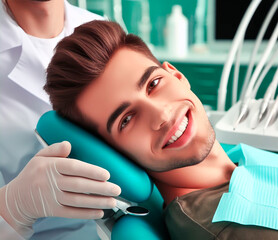 Paciente hombre sonriendo en clínica dental. Paciente y dentista - obrazy, fototapety, plakaty