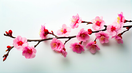 Branch with pink flowers on it on white background with space for text.