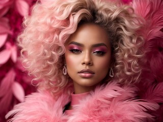 Photo of a beautiful young afro woman with a high hairstyle in pink feathers. 