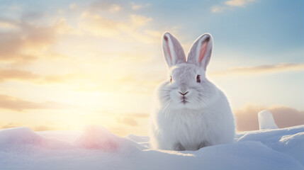single cute arctic hare relax on snow. clean and bright white snowfield with sun light generative ai - obrazy, fototapety, plakaty