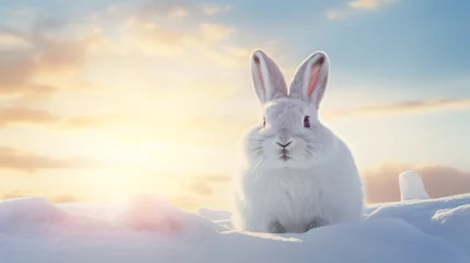 Foto op Canvas single cute arctic hare relax on snow. clean and bright white snowfield with sun light generative ai © Witri