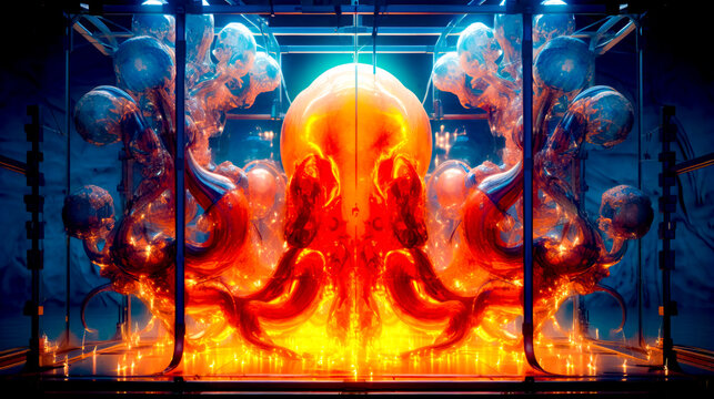 Computer generated image of orange and white octopus in room filled with glass.