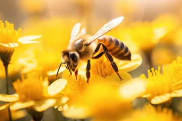 Foto op Plexiglas A close-up of a honey bee on a yellow flower © paul
