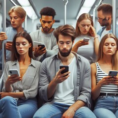 Young people using mobile phone in public train Urban city lifestyle and commuting