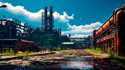 Scene of factory with pond in the foreground and smokestacks in the background.