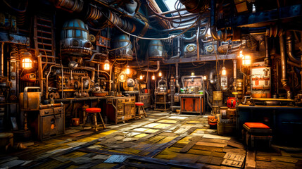 Room filled with lots of wooden furniture and lots of steampunk.