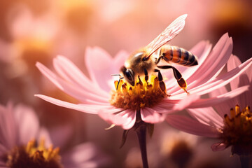 A close-up of a honey bee on a pink flower