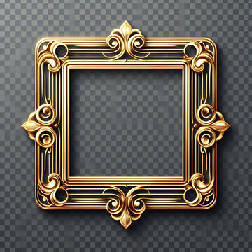 Rectangle golden frame with inverted rounded corner isolated on transparent background, luxury gold border design for invitation, card, PNG,cut out

