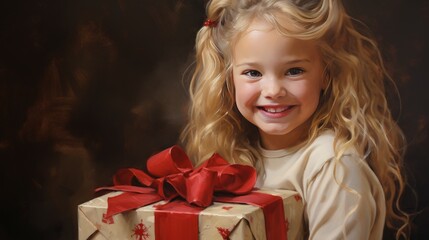 Fototapeta na wymiar Little blond girl in happy smile and holds her gift wrapped in red ribbon in blur background