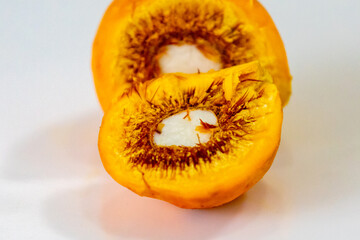 Ripe Pequi fruit (Caryocar brasiliense), showing the dangerous thorns in detail inside the ripe fruit. Dangerous food fruit