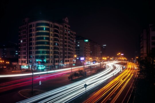 nighttime car city traffic lights buildings long exposure streaks. Generative AI