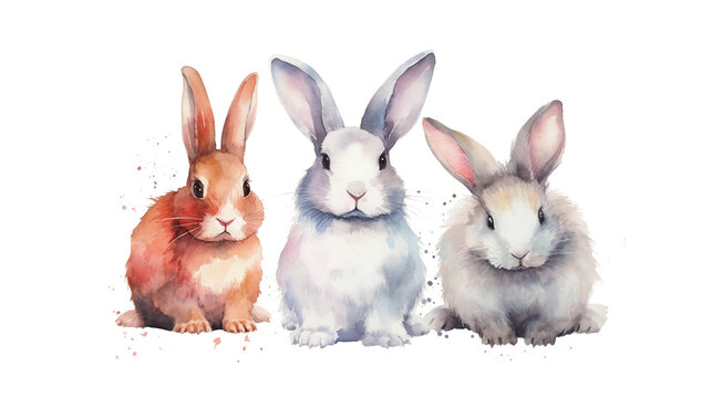 easter bunny sitting in a row in watercolor design isolated against transparent background 