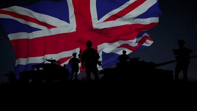 Silhouette of a Group of Soldiers and the United Kingdom Flag Waving in the Background. Looped.