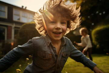 child playing in a garden, portrait of a happy smiling young boy, outdoors, sunlight in the hair, happy, candid, wearing a shirt, warm atmosphere, friend in the background