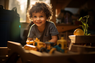 child playing in his bedroom, game room, smiling, cute, indoors, many toys and games around him, potted plant, sunlight, happy confident cheerful child, warm atmosphere
