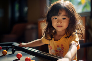 Young girl of asian origin, smiling, cute, in front of a pool table, indoors, bright sunny light, blurred background, happy confident child playing, chinese, vietnamese, japanese