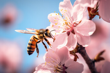 A close-up of a honey bee on a pink flower - Powered by Adobe