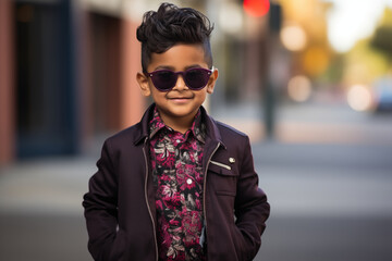 portrait of a child wearing sunglasses, jacket and shirt, indian origin, standing outdoors in a street of a big city, smiling, cute boy, diversity, multicultural