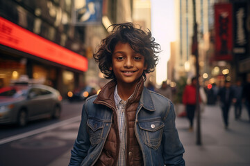 Indian boy in a big city, smiling, happy, standing in a street near skyscrapers, like new york, wearing denim jacket, puffa and shirt, diversity, multicultural, passerbys in background - obrazy, fototapety, plakaty