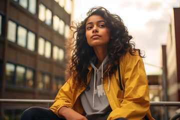 beautiful woman, teenager, low angle shot, in a big city, near a building, wearing a yellow jacket and hoodie, indian origin, sitting outdoors, smiling, pretty, diversity - Powered by Adobe