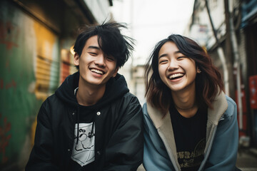 portrait of a couple outdoors, two asian teenagers laughing out loud, happy, white teeth, brown...