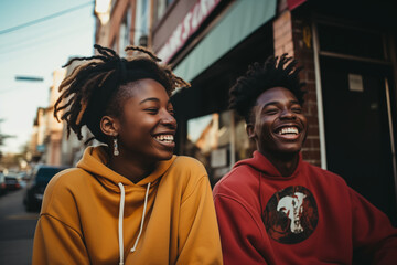 two black teenagers a girl a boy, talking and laughing in the street of a city, wearing yellow and red hoodies, dreadlocks, earrings, happy, joyful, warm atmosphere, friendship, complicity, bond