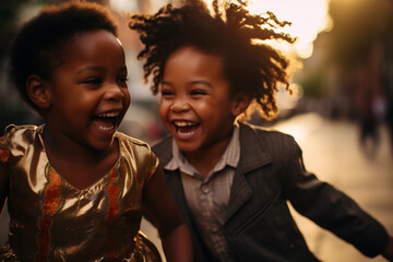 Black children playing and laughing in a street, sunlight in the hair, happy, well-dressed, elegant, for a wedding, friends, family, intense expression, playful smile, african american thrilled kids - Powered by Adobe