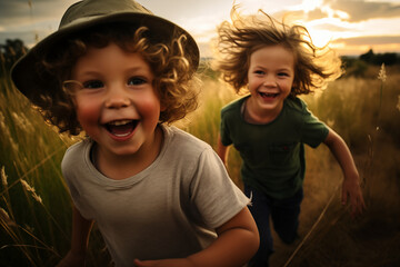 children playing in the field, nature, countryside, running outdoors in sunlight, happy thrilled laughing boys, intense expression, wearing tshirt and hat, excited, long curly hair, cheerful, friends - obrazy, fototapety, plakaty