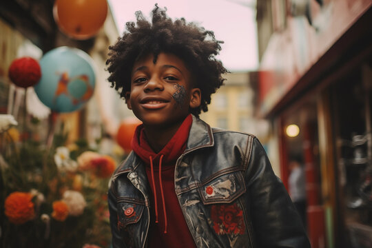 Portrait of a black teenager in a festive street, flowers and balloons in background, wearing a red hoodie and black leather jacket, playful smile, happy, african american boy, warm atmosphere