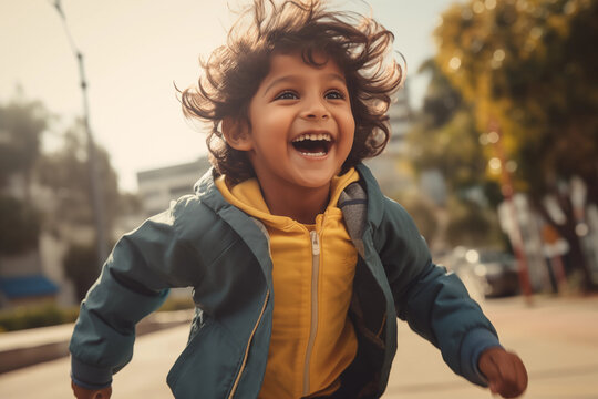 child running outdoors in sunlight in a city, happy thrilled smiling laughing kid, on the move, with intense expression, wearing blue jacket, yellow hoodie, excited, brown, indian