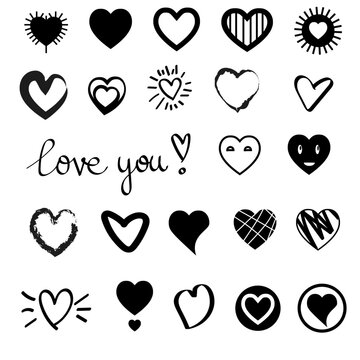 Lettering LOVE and YOU. Different hearts collection. Vector heart set, simple flat design, different brush textures