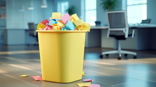 a office trash can filled with post it notes, sticky notes